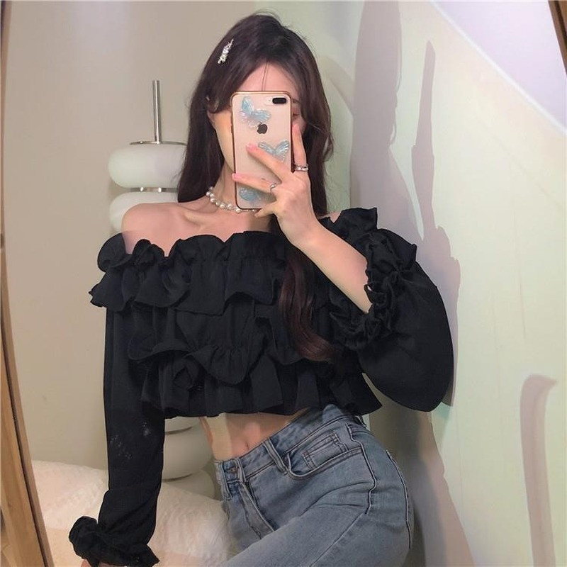 Bluze Ženske uske skraćene čiste jednostavne volane Estetske seksi majice ženstvene jeseni u korejskom stilu Ležerne s kosim izrezom Udobne hipsterice