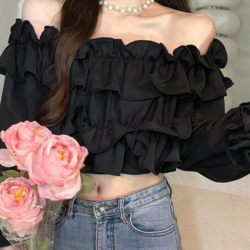 Bluze Ženske uske skraćene čiste jednostavne volane Estetske seksi majice ženstvene jeseni u korejskom stilu Ležerne s kosim izrezom Udobne hipsterice