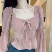 Naiste pluusid Solid pits-up laternaga varrukas Kevad Mugav Slim Fit Crop Tops Õrnad Naiste Korea stiilis Mood Igapäevased Kõik mängud