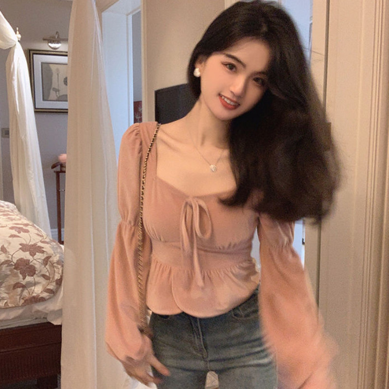 Naiste pluusid Solid pits-up laternaga varrukas Kevad Mugav Slim Fit Crop Tops Õrnad Naiste Korea stiilis Mood Igapäevased Kõik mängud