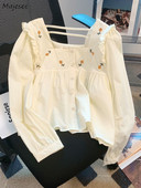 Γλυκά πουκάμισα με τετράγωνο γιακά Γυναικεία Kawaii Ins Κορεάτικη μόδα μακρυμάνικο μπλουζάκια casual loose φοιτητικά Vintage chic καμίζα