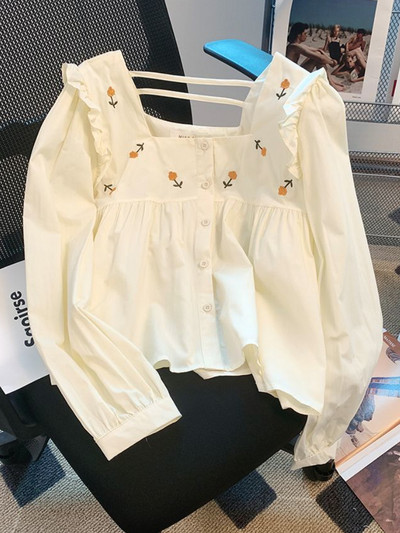 Γλυκά πουκάμισα με τετράγωνο γιακά Γυναικεία Kawaii Ins Κορεάτικη μόδα μακρυμάνικο μπλουζάκια casual loose φοιτητικά Vintage chic καμίζα