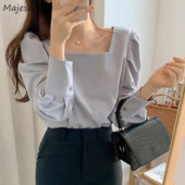 Ženske košulje s četvrtastim ovratnikom i lanternastim rukavima, jednobojne, jednokopčane, jednostavnog dizajna, korejski stil, uredske dame, sveobuhvatne, trendi vintage