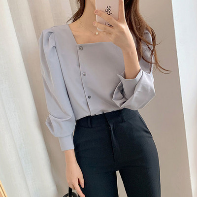 Ženske košulje s četvrtastim ovratnikom i lanternastim rukavima, jednobojne, jednokopčane, jednostavnog dizajna, korejski stil, uredske dame, sveobuhvatne, trendi vintage