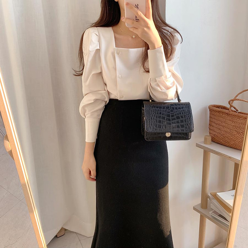 Ženske košulje s četvrtastim ovratnikom i lanternastim rukavima, jednobojne, jednokopčane, jednostavnog dizajna, korejski stil, uredske dame, sveobuhvatne, trendi vintage