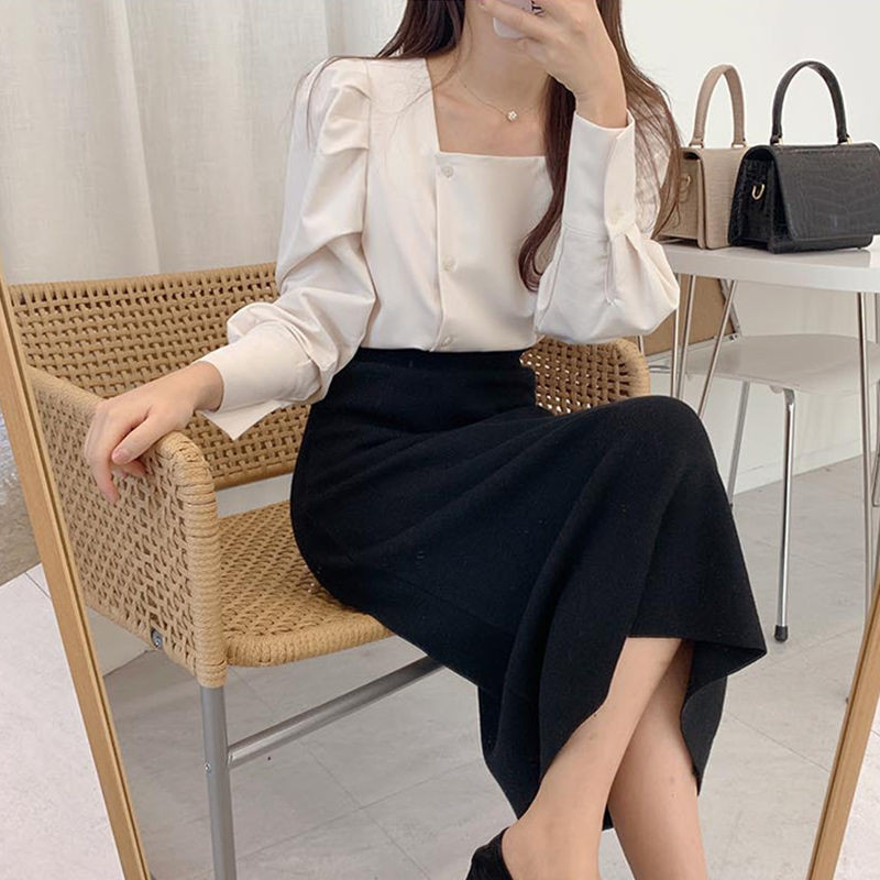 Ženske košulje s četvrtastim ovratnikom i lanternastim rukavima, jednobojne, jednokopčane, jednostavnog dizajna, korejski stil, uredske dame, sveobuhvatne, trendi vintage