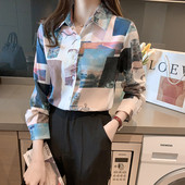 Νέο μοντέρνο μακρυμάνικο πουκάμισο ρετρό ζωγραφική με μελάνι Χονγκ Κονγκ Έντυπη μπλούζα 2021 Ανοιξιάτικα φαρδιά σιφόν κορυφαία γυναικεία ρούχα