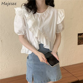 Γυναικείες μπλούζες Kawaii μονόχρωμο Puff μανίκι Χαλαρά βολάν All-match μόδα Γυναικεία μπλουζάκια Κομψά casual κορίτσια Φοιτητικά Vintage Ins