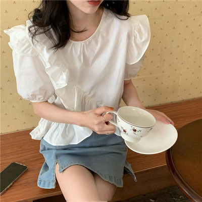 Γυναικείες μπλούζες Kawaii μονόχρωμο Puff μανίκι Χαλαρά βολάν All-match μόδα Γυναικεία μπλουζάκια Κομψά casual κορίτσια Φοιτητικά Vintage Ins
