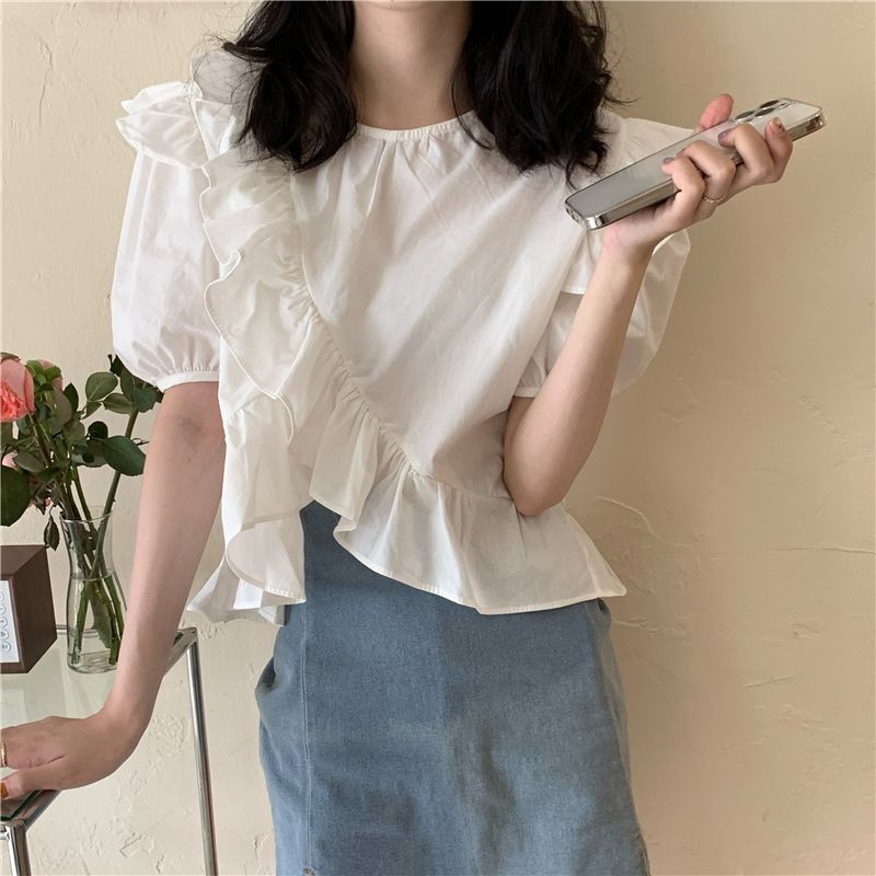 Γυναικείες μπλούζες Kawaii μονόχρωμο Puff μανίκι Χαλαρά βολάν All-match μόδα Γυναικεία μπλουζάκια Κομψά casual κορίτσια Φοιτητικά Vintage Ins