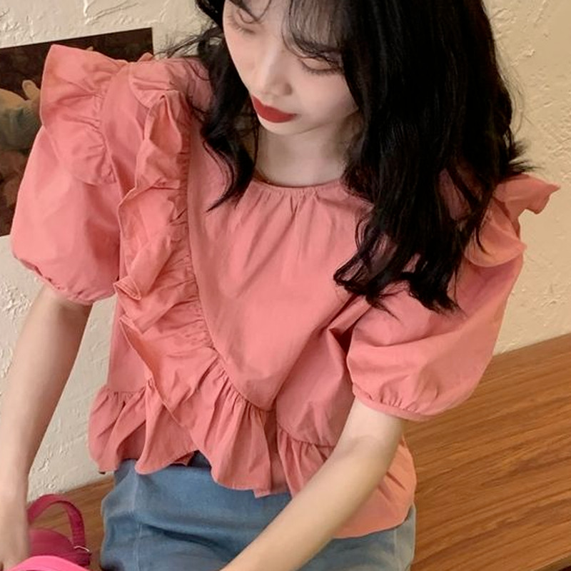 Γυναικείες μπλούζες Kawaii μονόχρωμο Puff μανίκι Χαλαρά βολάν All-match μόδα Γυναικεία μπλουζάκια Κομψά casual κορίτσια Φοιτητικά Vintage Ins