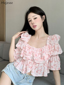 Μπλούζες με λουλουδάτο βολάν Γυναικείες Λεπτές καλοκαιρινές τρυφερές γλυκές υπέροχες τοπ μπλούζες Ropa Mujer Διαδεδομένες για γυναίκες All-match Ulzzang Retro