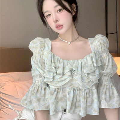 Μπλούζες με λουλουδάτο βολάν Γυναικείες Λεπτές καλοκαιρινές τρυφερές γλυκές υπέροχες τοπ μπλούζες Ropa Mujer Διαδεδομένες για γυναίκες All-match Ulzzang Retro