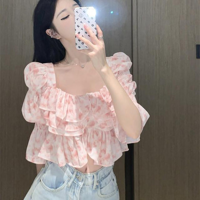 Μπλούζες με λουλουδάτο βολάν Γυναικείες Λεπτές καλοκαιρινές τρυφερές γλυκές υπέροχες τοπ μπλούζες Ropa Mujer Διαδεδομένες για γυναίκες All-match Ulzzang Retro