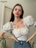 Bandage bez leđa Slatke bluze Ženske kratke majice Nježni literarni print Ljeto Puf rukavi Volani Dizajnirani Chic Prairie Chic Retro