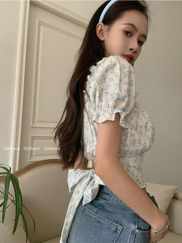 Bandage bez leđa Slatke bluze Ženske kratke majice Nježni literarni print Ljeto Puf rukavi Volani Dizajnirani Chic Prairie Chic Retro