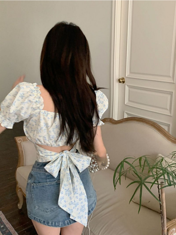 Bandage bez leđa Slatke bluze Ženske kratke majice Nježni literarni print Ljeto Puf rukavi Volani Dizajnirani Chic Prairie Chic Retro