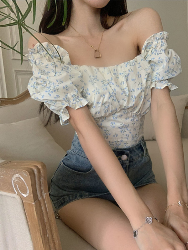 Bandage bez leđa Slatke bluze Ženske kratke majice Nježni literarni print Ljeto Puf rukavi Volani Dizajnirani Chic Prairie Chic Retro
