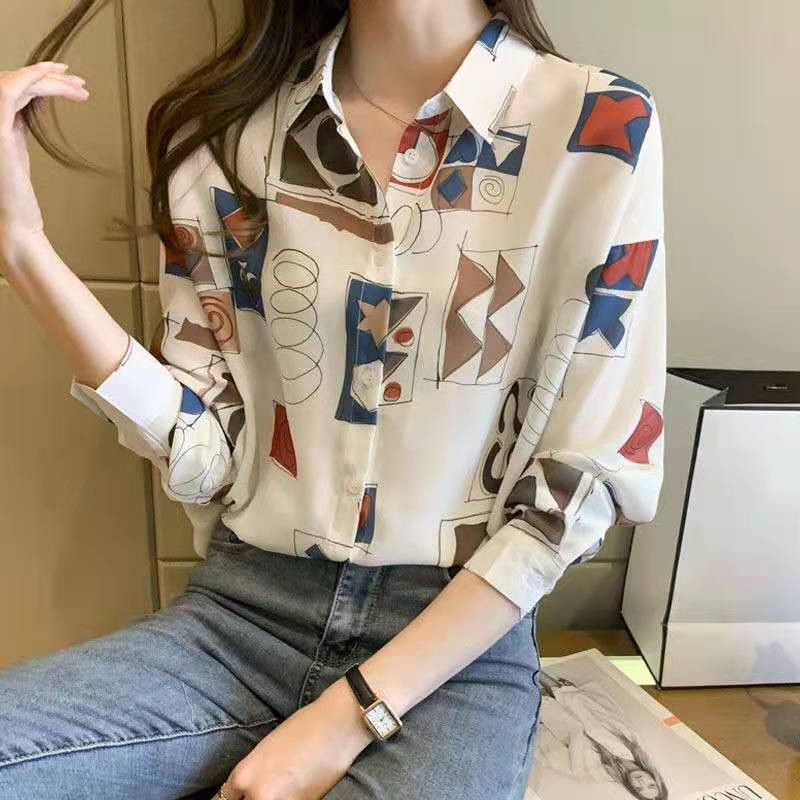 Γυναικείο πουκάμισο σιφόν με ρετρό εκτύπωση σε στυλ Χονγκ Κονγκ, Μακρυμάνικο, Φαρδύ μπλουζάκι, Αντίθεση χρώματος, Κορεάτικη μόδα, Καλοκαίρι, Ξένο