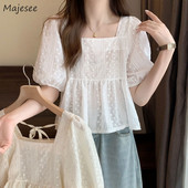 Μπλούζες με φουσκωτά μανίκια Γυναικείες απλές χαλαρές απαλές κορεάτικες μόδας Γλυκιά ιδιοσυγκρασία Καλοκαιρινός τετράγωνος γιακάς Ulzzang All-match Κοριτσίστικο