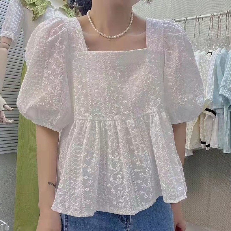 Μπλούζες με φουσκωτά μανίκια Γυναικείες απλές χαλαρές απαλές κορεάτικες μόδας Γλυκιά ιδιοσυγκρασία Καλοκαιρινός τετράγωνος γιακάς Ulzzang All-match Κοριτσίστικο