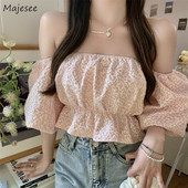 Ženske bluze u korejskom stilu Djevojačke nove ljetne jednobojne ležerne puf rukava slatke BF kosi izrez seksi nježne mlade s otvorenim ramenima