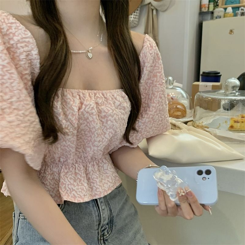 Ženske bluze u korejskom stilu Djevojačke nove ljetne jednobojne ležerne puf rukava slatke BF kosi izrez seksi nježne mlade s otvorenim ramenima