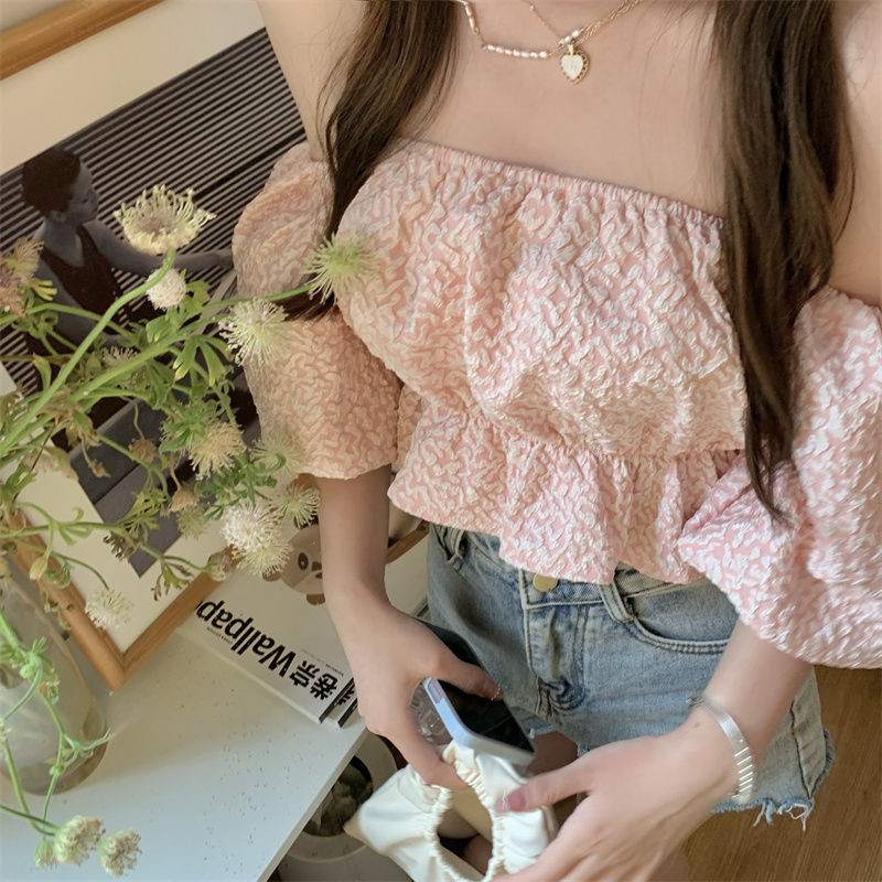 Ženske bluze u korejskom stilu Djevojačke nove ljetne jednobojne ležerne puf rukava slatke BF kosi izrez seksi nježne mlade s otvorenim ramenima