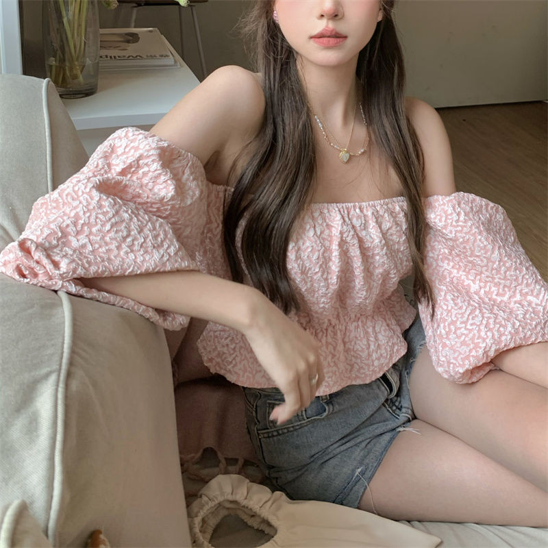 Ženske bluze u korejskom stilu Djevojačke nove ljetne jednobojne ležerne puf rukava slatke BF kosi izrez seksi nježne mlade s otvorenim ramenima