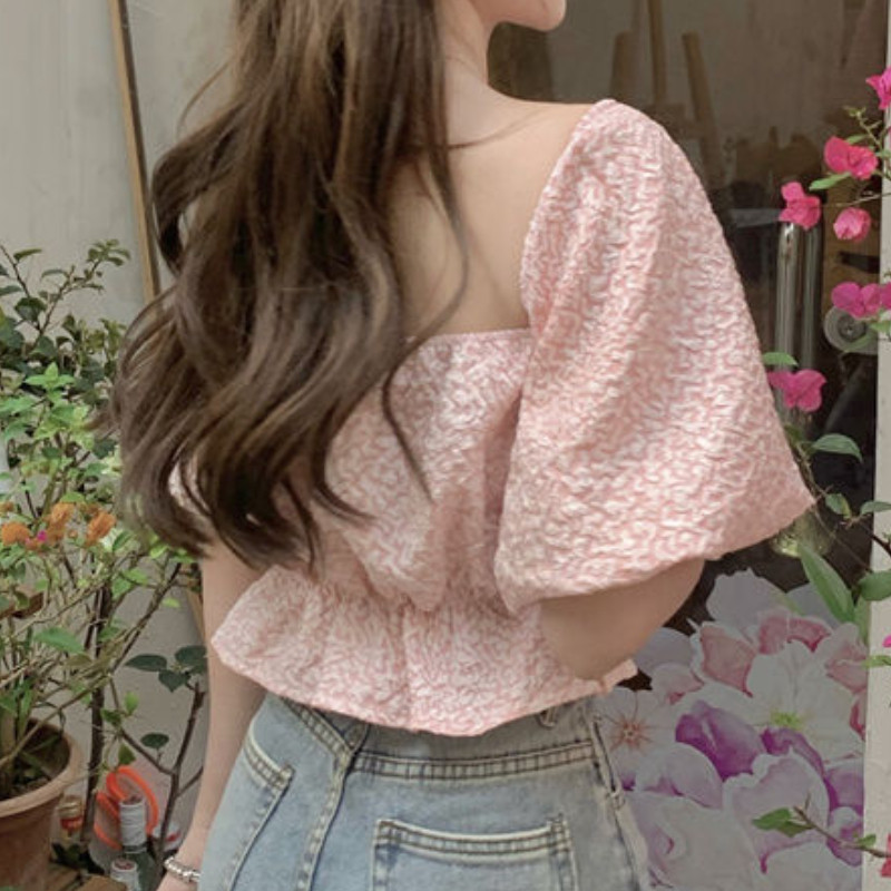 Ženske bluze u korejskom stilu Djevojačke nove ljetne jednobojne ležerne puf rukava slatke BF kosi izrez seksi nježne mlade s otvorenim ramenima