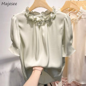 Μπλούζες με βολάν Γυναικείες καλοκαιρινές απαλές γλυκές κεντημένες φωτοβολίδες Soft Office Lady Designed Aesthetic Temper Chic Pure New Arrivals