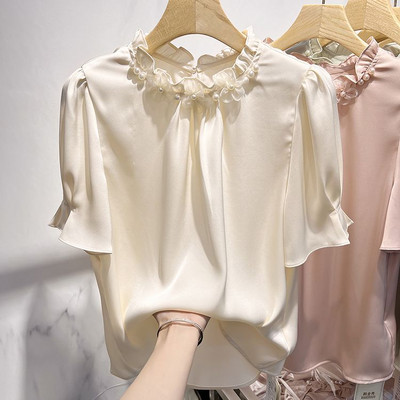 Μπλούζες με βολάν Γυναικείες καλοκαιρινές απαλές γλυκές κεντημένες φωτοβολίδες Soft Office Lady Designed Aesthetic Temper Chic Pure New Arrivals