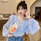 Μπλούζες Γυναικείες καλοκαιρινές ολόσωμες μανίκιες Τρυφερά βολάν τετράγωνο γιακά σιφόν Άνετο σχέδιο Casual φαρδύ νεράιδα κορεάτικα μπλουζάκια