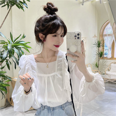 Μπλούζες Γυναικείες καλοκαιρινές ολόσωμες μανίκιες Τρυφερά βολάν τετράγωνο γιακά σιφόν Άνετο σχέδιο Casual φαρδύ νεράιδα κορεάτικα μπλουζάκια