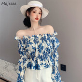 Μπλούζες με κάθετο λαιμό Γυναικείες Floral Temper Prairie Chic βολάν Παραλία Sweet Sweet Slim Crop Tops Summer Basic Casual Ulzzang