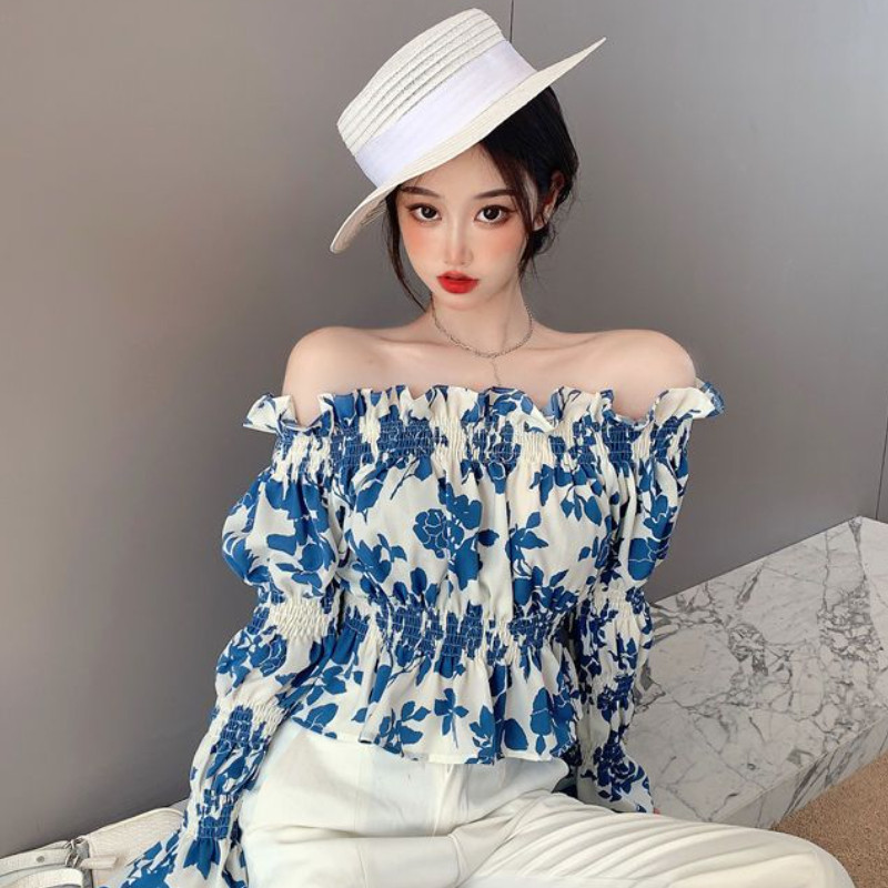 Μπλούζες με κάθετο λαιμό Γυναικείες Floral Temper Prairie Chic βολάν Παραλία Sweet Sweet Slim Crop Tops Summer Basic Casual Ulzzang