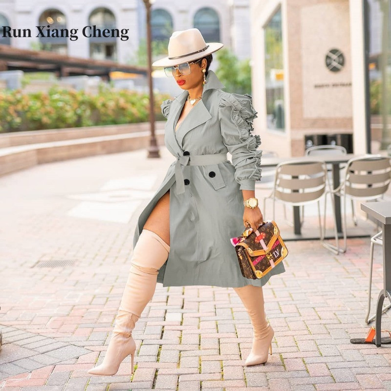 RUN XIANG CHENGE Γυναικεία Ρούχα Φθινοπώρου και Χειμώνα Νέα Μόδα Αντιανεμικό μεσαίου μήκους Hot Selling Ruffle Εξωτερικά ρούχα Δωρεάν αποστολή