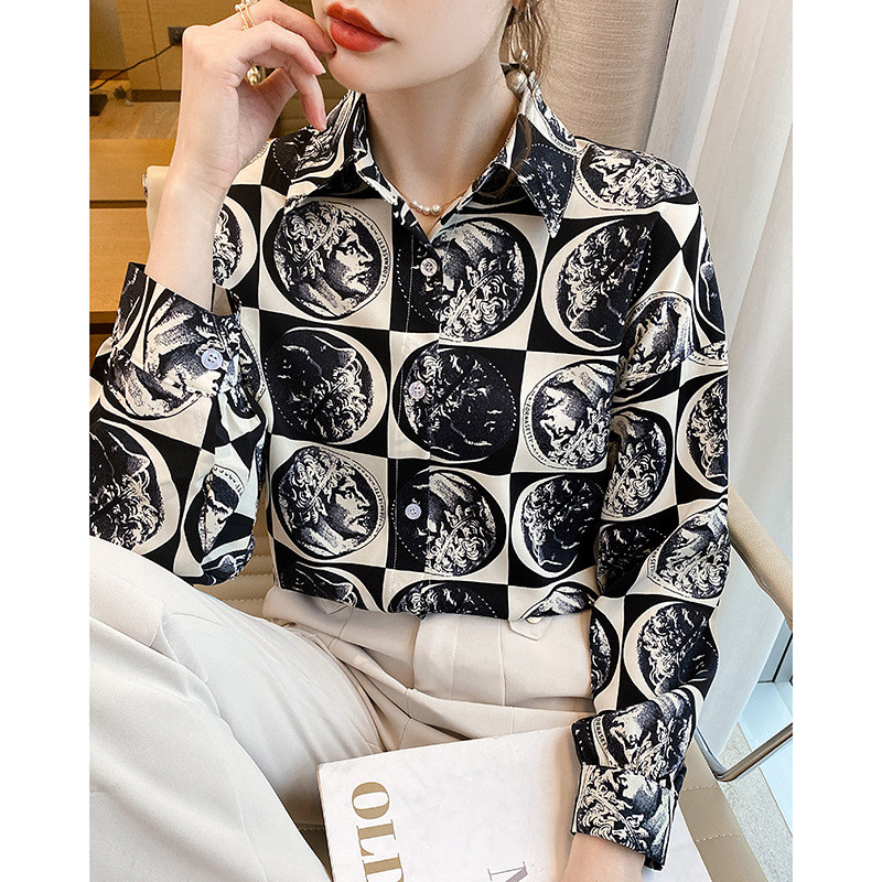 Φθινόπωρο 2023 Νέα ρετρό μοντέρνα μόδα με στάμπα κεφαλής κινουμένων σχεδίων με μακρυμάνικο σιφόν πουκάμισο κομψή γυναικεία μπλούζα