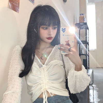 Πουκάμισα με λαιμόκοψη σε σχήμα V Γυναικεία συνονθύλευμα λεπτές μπλούζες με κορεάτικο στυλ Crop tops Leisure Chic Spring New outwear Πλισέ κορδόνι