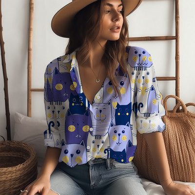 Košulja s otvorenim ovratnikom s 3D ispisom slatke mačke Proljetni i jesenski temperament Ženska košulja Klasična košulja dugih rukava s gumbima