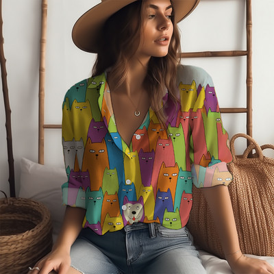 Košulja s otvorenim ovratnikom s 3D ispisom slatke mačke Proljetni i jesenski temperament Ženska košulja Klasična košulja dugih rukava s gumbima
