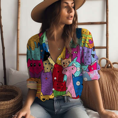 Košulja s otvorenim ovratnikom s 3D ispisom slatke mačke Proljetni i jesenski temperament Ženska košulja Klasična košulja dugih rukava s gumbima