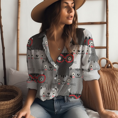 Košulja s otvorenim ovratnikom s 3D ispisom slatke mačke Proljetni i jesenski temperament Ženska košulja Klasična košulja dugih rukava s gumbima