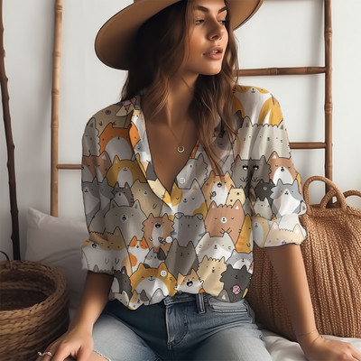Košulja s otvorenim ovratnikom s 3D ispisom slatke mačke Proljetni i jesenski temperament Ženska košulja Klasična košulja dugih rukava s gumbima