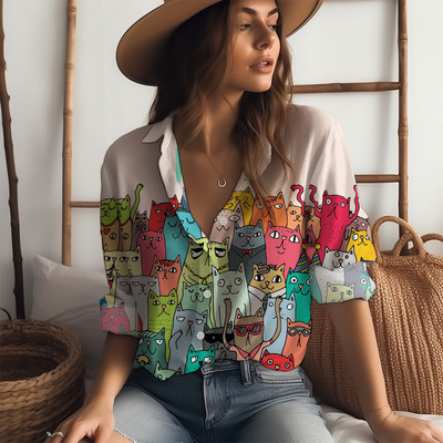 Košulja s otvorenim ovratnikom s 3D ispisom slatke mačke Proljetni i jesenski temperament Ženska košulja Klasična košulja dugih rukava s gumbima