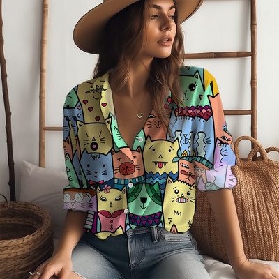Košulja s otvorenim ovratnikom s 3D ispisom slatke mačke Proljetni i jesenski temperament Ženska košulja Klasična košulja dugih rukava s gumbima