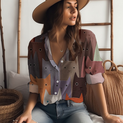 Košulja s otvorenim ovratnikom s 3D ispisom slatke mačke Proljetni i jesenski temperament Ženska košulja Klasična košulja dugih rukava s gumbima