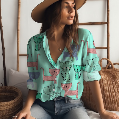 Košulja s otvorenim ovratnikom s 3D ispisom slatke mačke Proljetni i jesenski temperament Ženska košulja Klasična košulja dugih rukava s gumbima