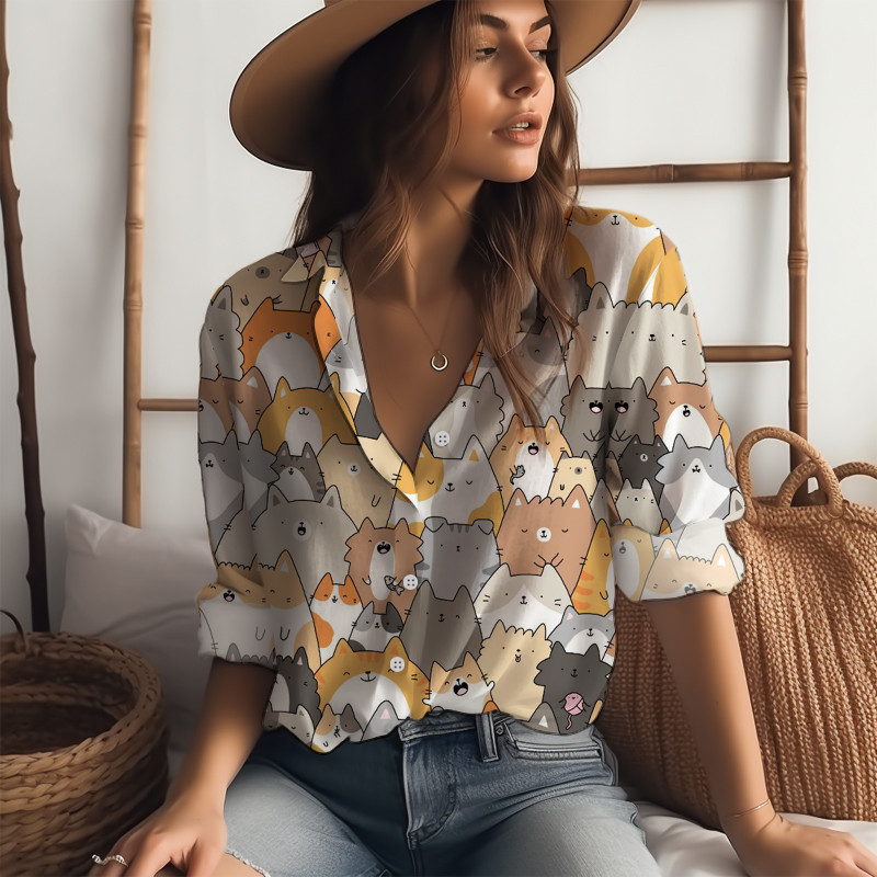 Košulja s otvorenim ovratnikom s 3D ispisom slatke mačke Proljetni i jesenski temperament Ženska košulja Klasična košulja dugih rukava s gumbima