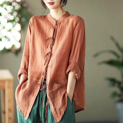 Primăvară Vară Bumbac pur Culoare uni Vintage Bluze toate asortate 2023 Design nou Casual Cardigan simplu demn pentru femei șic